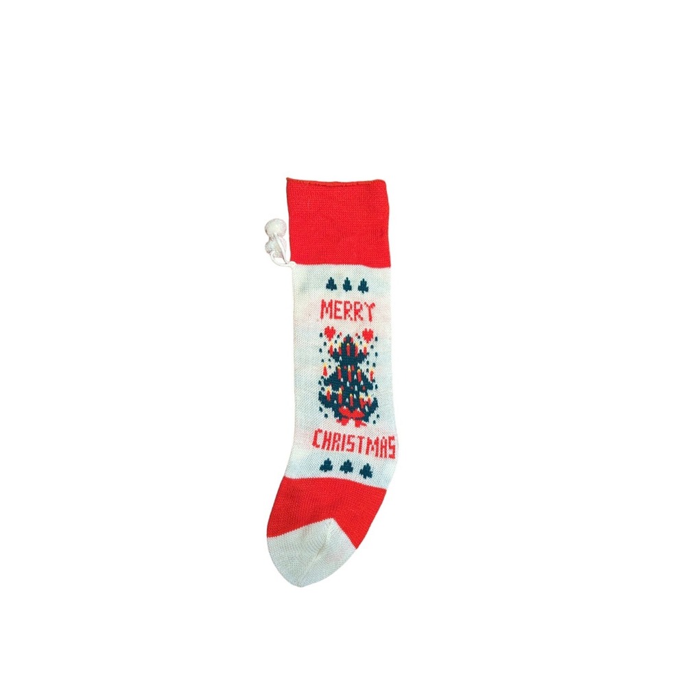 Vintage Hand Knit Christmas Stocking Merry Hearts Tree 19"